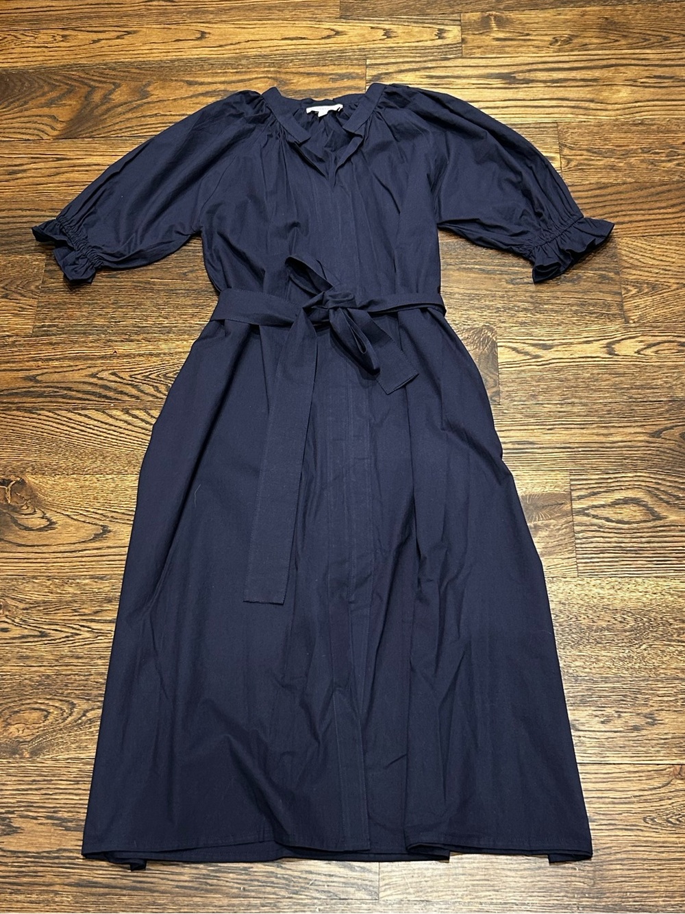 V-Neck Navy Midi Dress with Self-Tie Waist